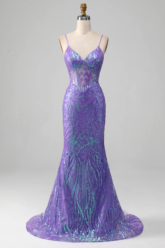 AerbaDress Mermaid Sparkly Purple Corset Prom Dress
