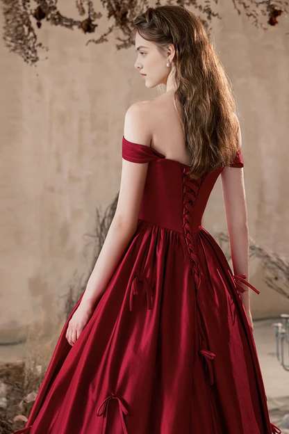 Exquisite Burgundy Satin A-Line Off the Shoulder Bow Decoration Pleated Lovely Long Prom Dresses Formal Graduation Dress Evening Dresses