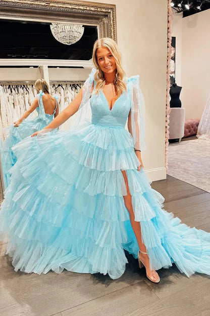 AerbaDress Cute A-Line Evening Dress V Neck Blue Tiered Tulle Long Prom Dresses