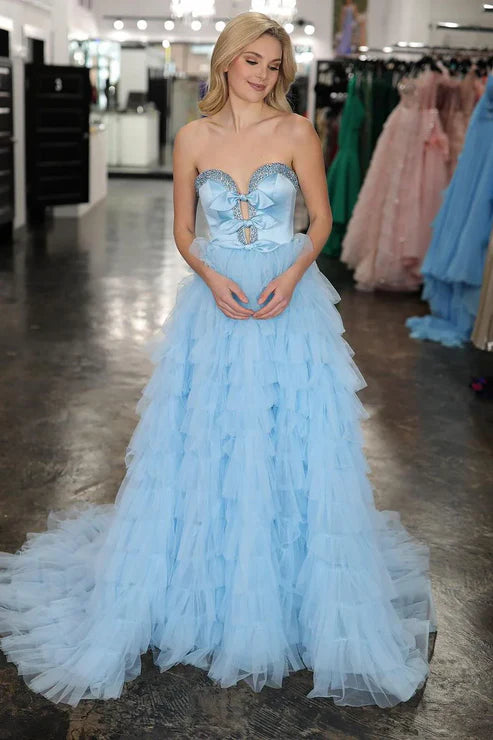 AerbaDress Light Blue Evening Dress Sweetheart Tiered Tulle Long Prom Dresses
