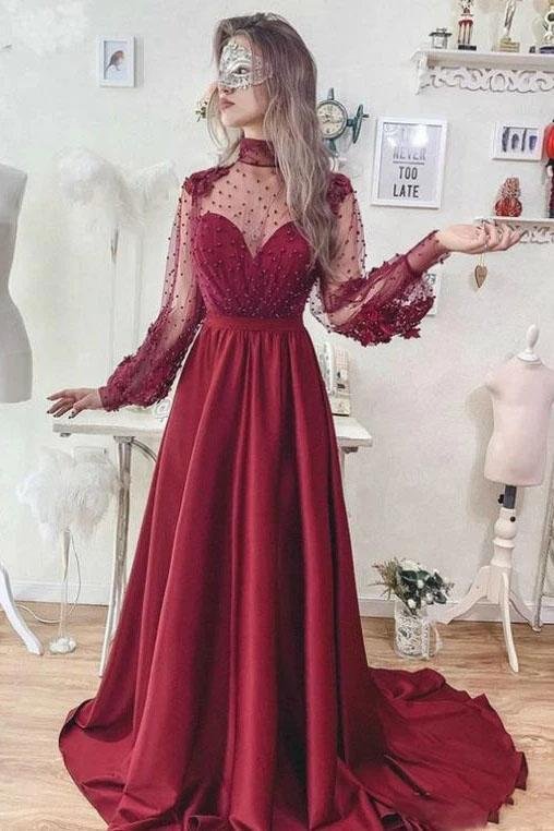 AerbaDress A-Line Prom Dress High Neck Long Sleeve Open Back