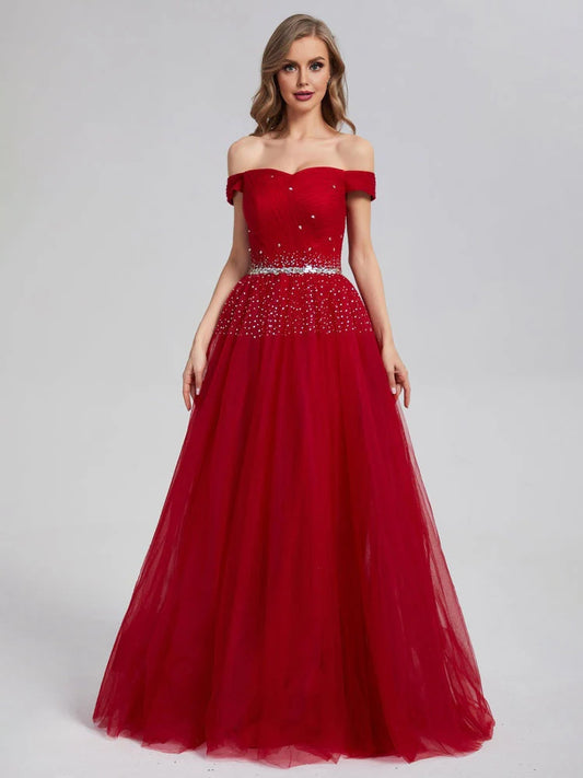 AerbaDress Prom Dresses A Line Burgundy Off the Shoulder Lace up Tulle Floor-Length