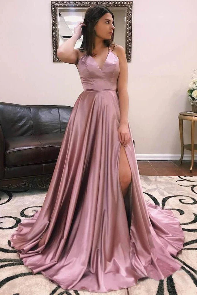 AerbaDress Long Evening Dresses A Line Spaghetti Straps V Neck Satin Lace up Dusty Rose High Slit Prom Dresses