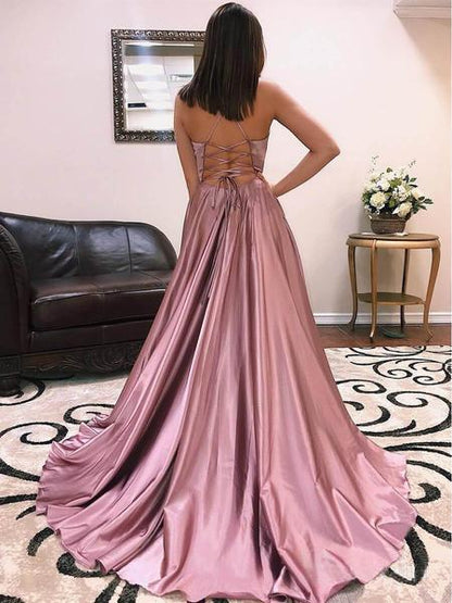 AerbaDress Long Evening Dresses A Line Spaghetti Straps V Neck Satin Lace up Dusty Rose High Slit Prom Dresses