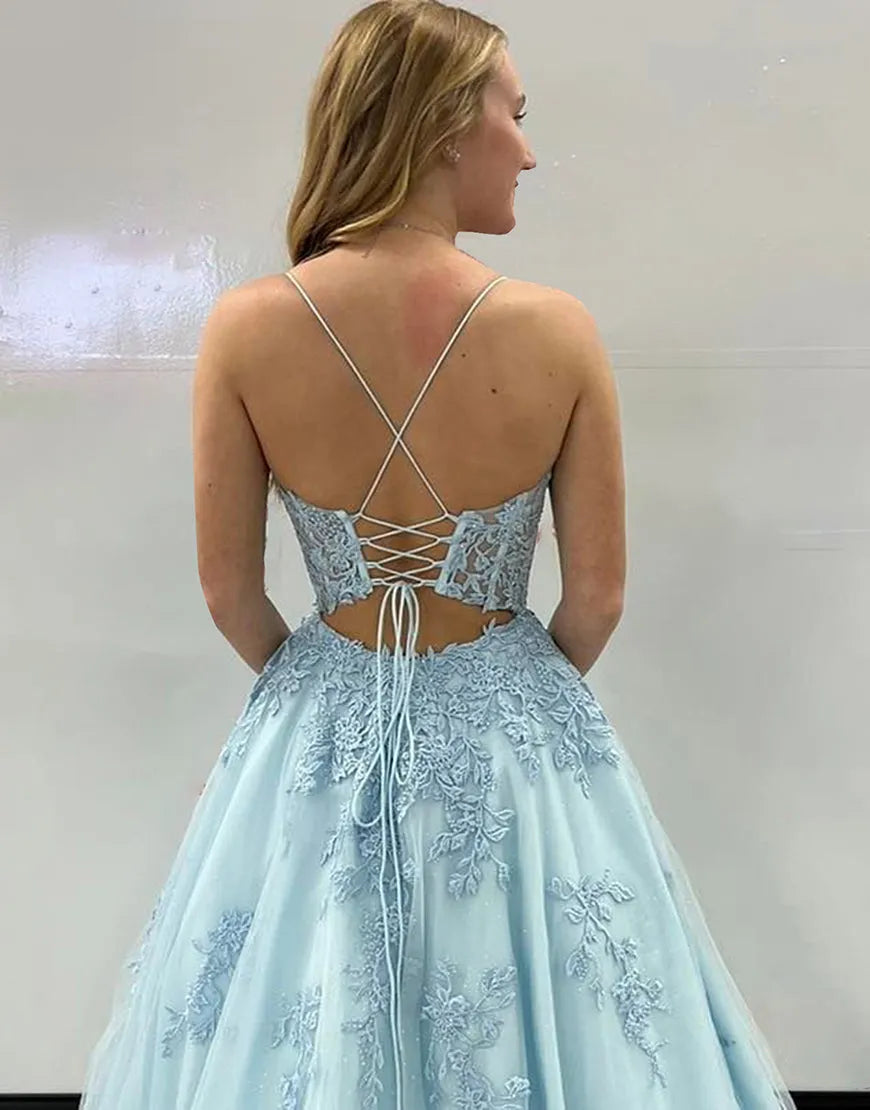 AerbaDress Prom Dress A-Line Spaghetti Straps Corset Back With Appliques