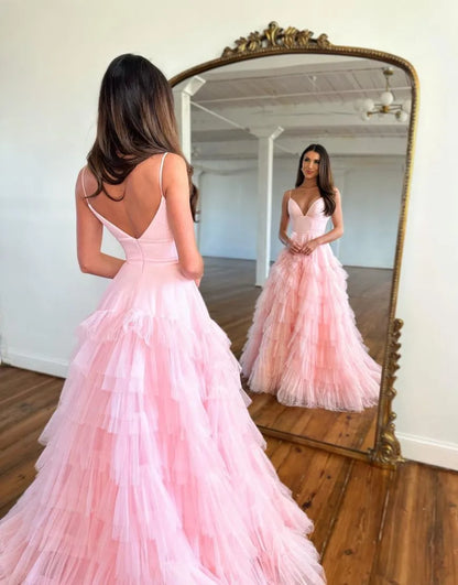 AerbaDress V-Neck A-Line Spaghetti Straps Tiered Tulle Prom Dress