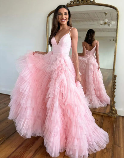 AerbaDress V-Neck A-Line Spaghetti Straps Tiered Tulle Prom Dress