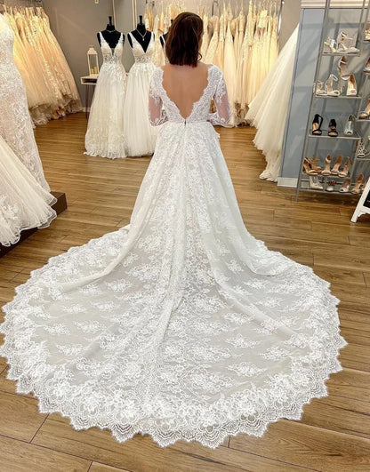 AerbaDress Wedding Dress A-Line V-Neck Chapel Train Lace