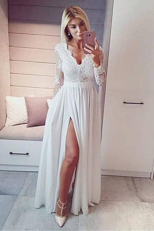 AerbaDress A line Evening Dresses Long Sleeve V Neck Prom Dresses Slit