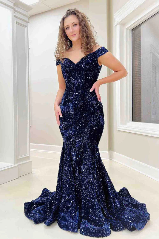 AerbaDress Mermaid Off the Shoulder Sleeveless Long Velvet Sequin Prom Dress