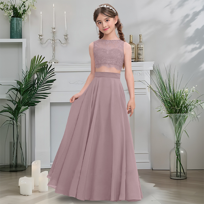 Girls' Formal Dress Elegant A-line Scoop Sleeveless 2 Pcs Floor-Length Chiffon Lace Weddings Hot Sale Junior Bridesmaid Dress