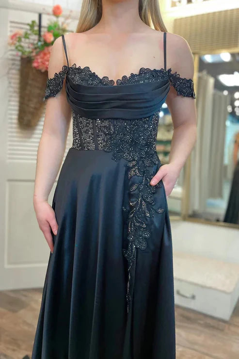 AerbaDress Fashion A Line Evening Dress Cold-Shoulder Beaded Black Prom Dresses