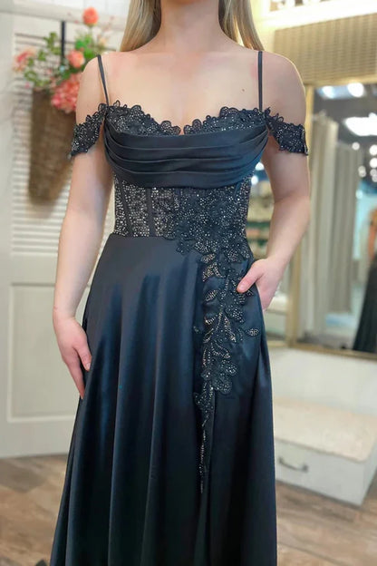 AerbaDress Fashion A Line Evening Dress Cold-Shoulder Beaded Black Prom Dresses
