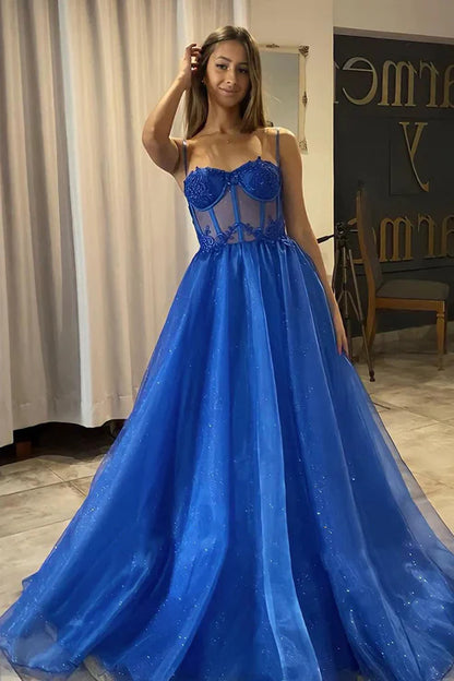 AerbaDress A Line Evening Dress Shiny Royal Blue Tulle Formal Prom Dresses