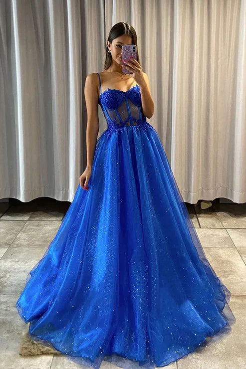 AerbaDress A Line Evening Dress Shiny Royal Blue Tulle Formal Prom Dresses