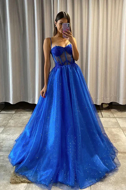 AerbaDress A Line Evening Dress Shiny Royal Blue Tulle Formal Prom Dresses