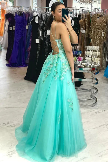 AerbaDress Fashion A Line Spaghetti Straps Turquoise Tulle Prom Dress Long Evening Dresses