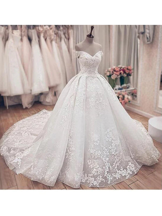 Sweetheart Off The Shoulder Ball Gown Wedding Dresses With Chapel Train