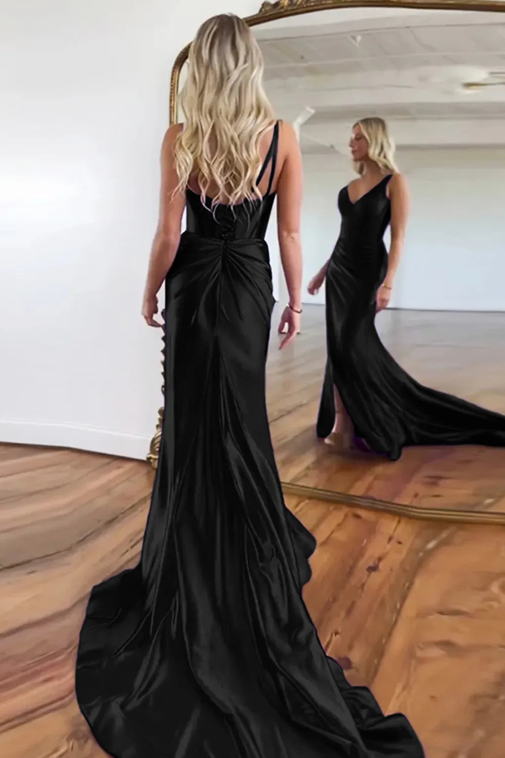 AerbaDress Prom Dress Satin V-Neck Sweep Train Mermaid With Slit