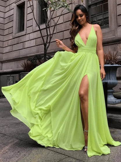 AerbaDress Long Straps V Neck Chiffon Prom Dresses Pretty Open Back Evening Dresses