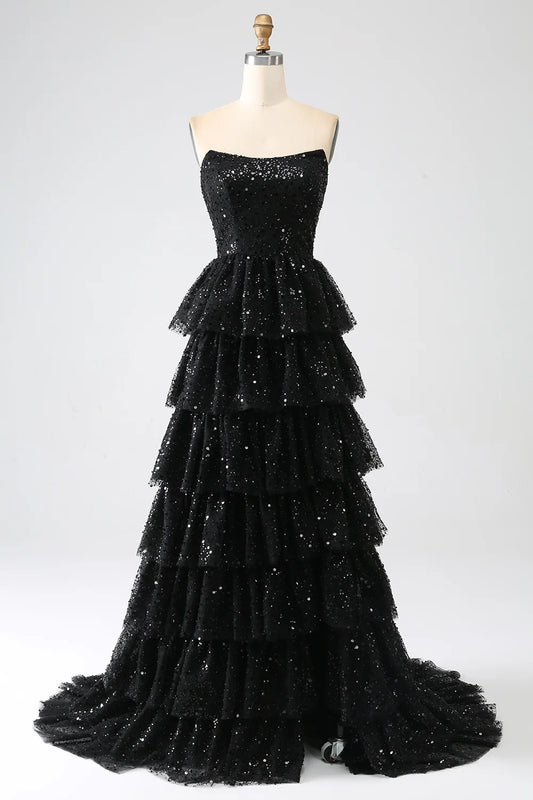 AerbaDress  A-Line Sequins Black Tiered Prom Dress with Slit