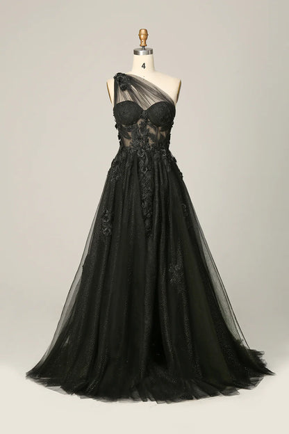 AerbaDress  A Line One Shoulder Long Prom Dress with Appliques