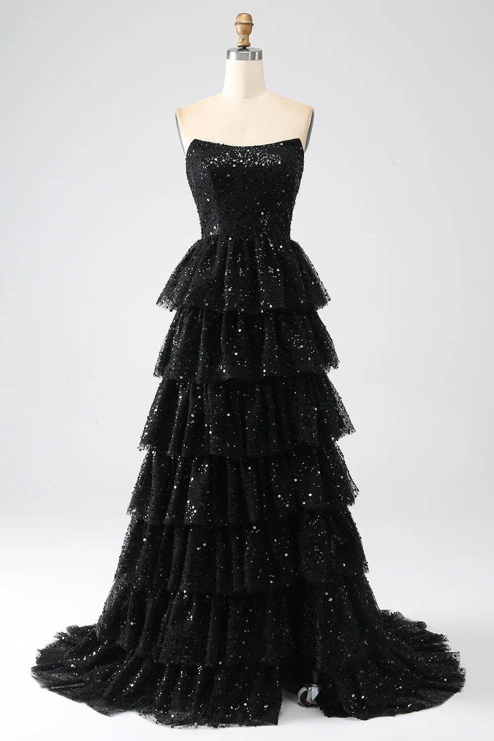 AerbaDress  A-Line Sequins Black Tiered Prom Dress with Slit