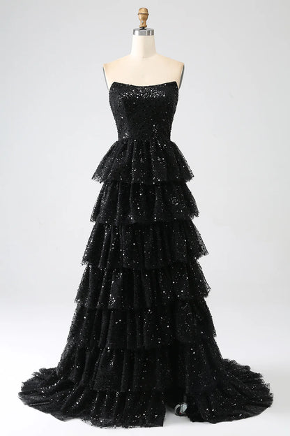 AerbaDress  A-Line Sequins Black Tiered Prom Dress with Slit