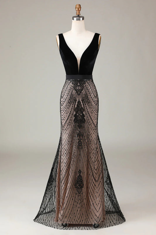 AerbaDress Mermaid Deep V Neck Black Long Prom Dress with Open Back