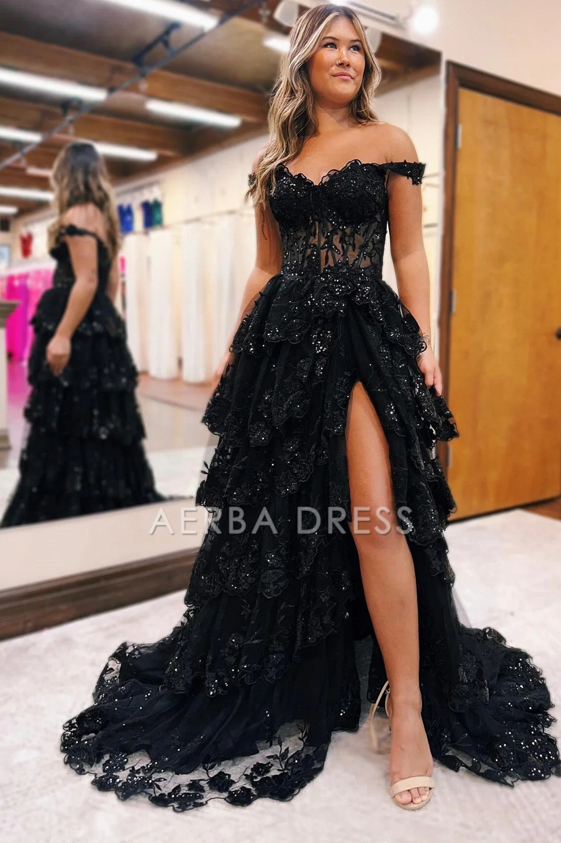 AERBA DRESS Evening Dress A LineTulle Off the Shoulder Sweetheart Tiered Ruffles Prom Dresses Split Sleeveless Corset Ball Gowns Long Dress