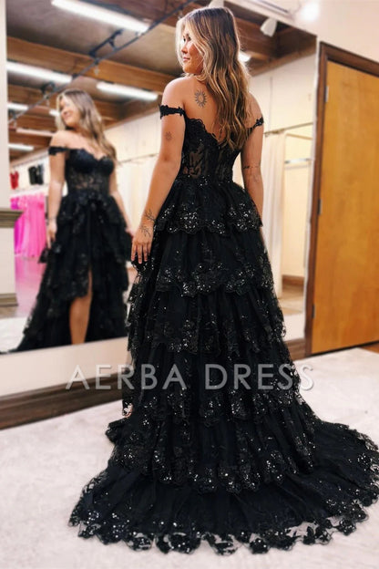 AERBA DRESS Evening Dress A LineTulle Off the Shoulder Sweetheart Tiered Ruffles Prom Dresses Split Sleeveless Corset Ball Gowns Long Dress