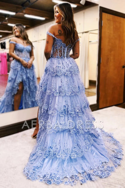 AERBA DRESS Evening Dress A LineTulle Off the Shoulder Sweetheart Tiered Ruffles Prom Dresses Split Sleeveless Corset Ball Gowns Long Dress