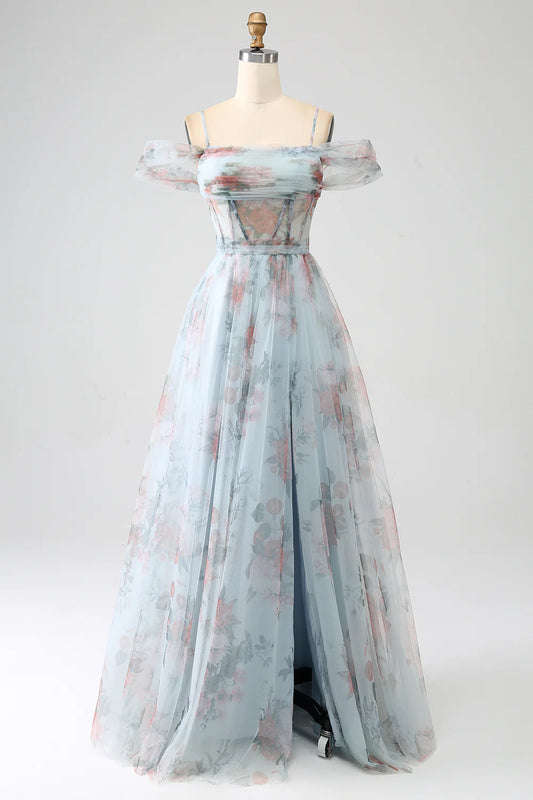 AerbaDress A-Line Blue Printed Cold Shoulder Long Corset Prom Dress with Slit