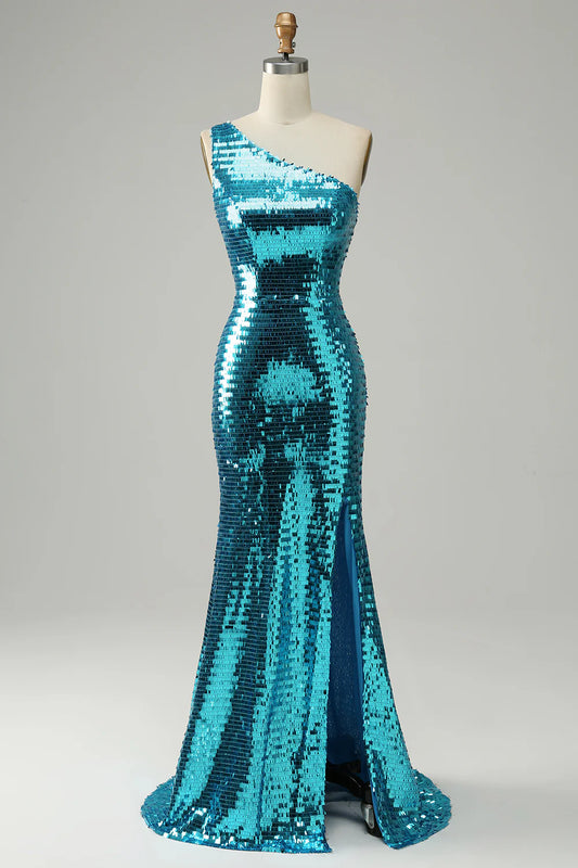 AerbaDress Sparkly Blue Sequins One Shoulder Long Prom Dress with Slit
