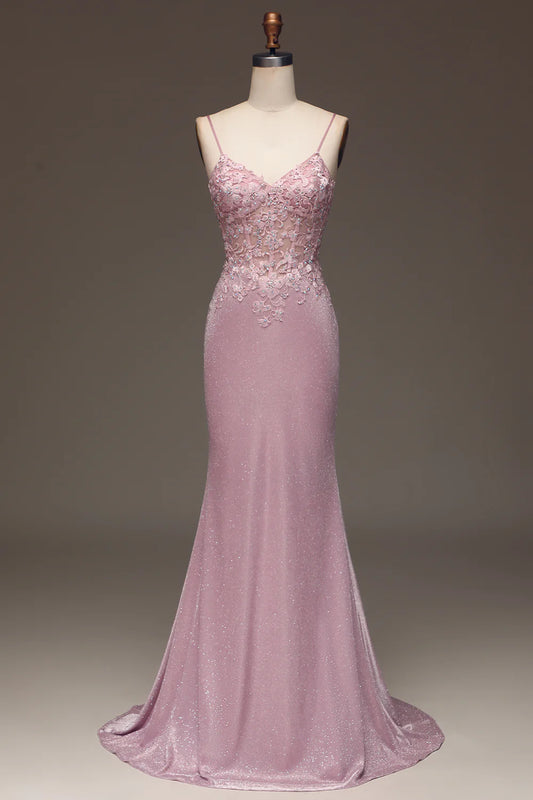 AerbaDress Glitter Blush Mermaid Spaghetti Straps Long Prom Dress with Beading