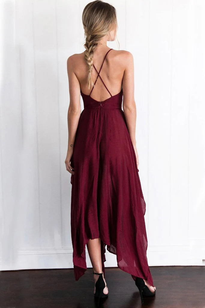 Bohemian A-Line V-Neck Sleeveless High-Low Burgundy Prom Dress