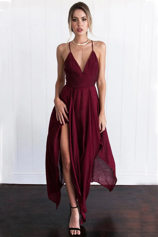 Bohemian A-Line V-Neck Sleeveless High-Low Burgundy Prom Dress