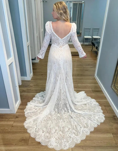 AerbaDress Deep V-Neck Wedding Dress Boho Sheath Lace