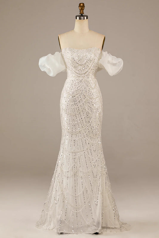 AerbaDress Sparkly Ivory Mermaid Sequined Floor-Length Wedding Dress