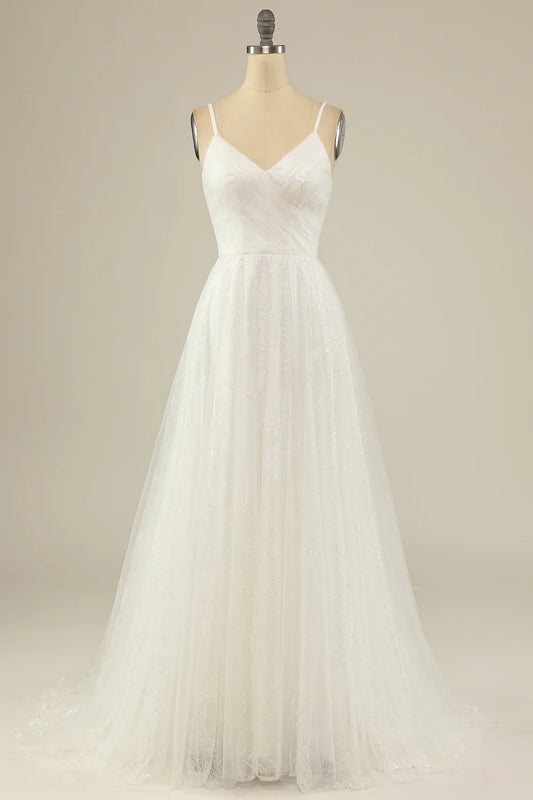 AerbaDress A Line Spaghetti Straps White Tulle Party Dress