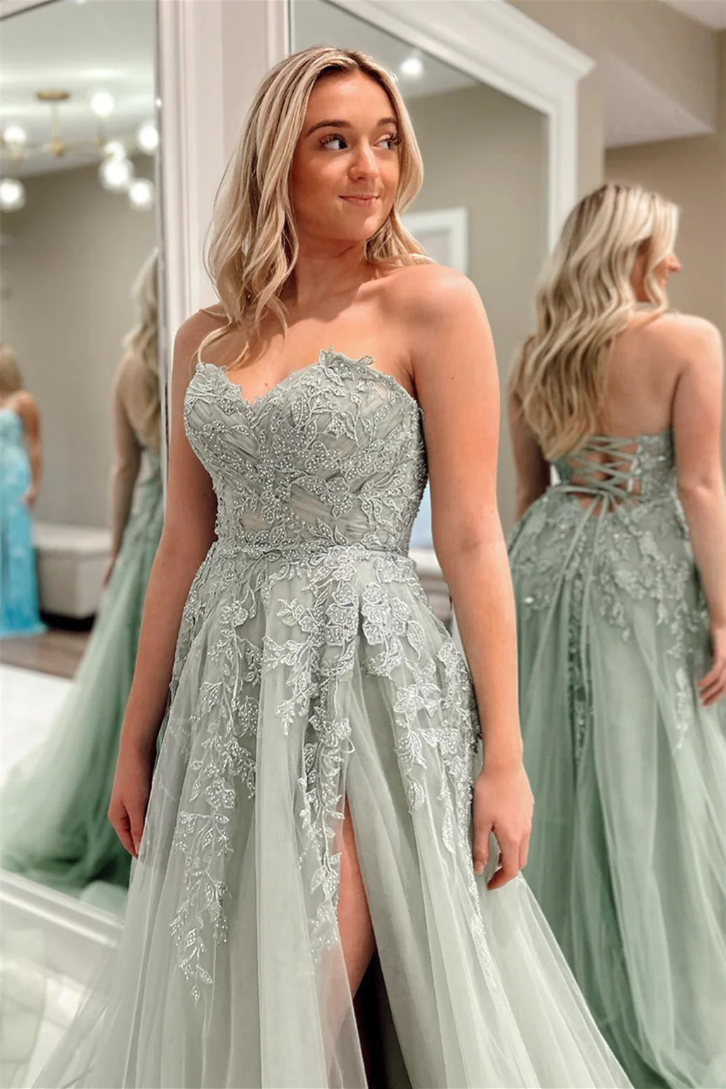 AerbaDress Prom Dresses Charming A-Line Appliques Tulle Sexy Long Floor-Length