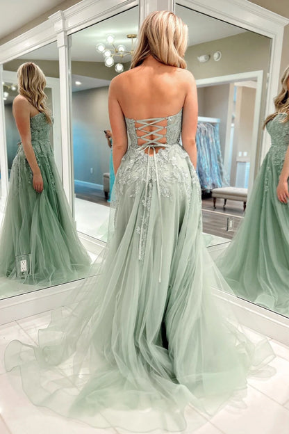 AerbaDress Prom Dresses Charming A-Line Appliques Tulle Sexy Long Floor-Length