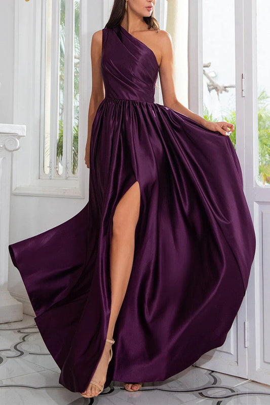 AerbaDress A-Line Satin One Shoulder Prom Dresses With Side Split
