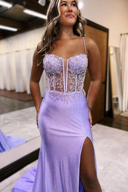 AerbaDress Mermaid Glitter Top Spaghetti Straps Prom Dress With Slit