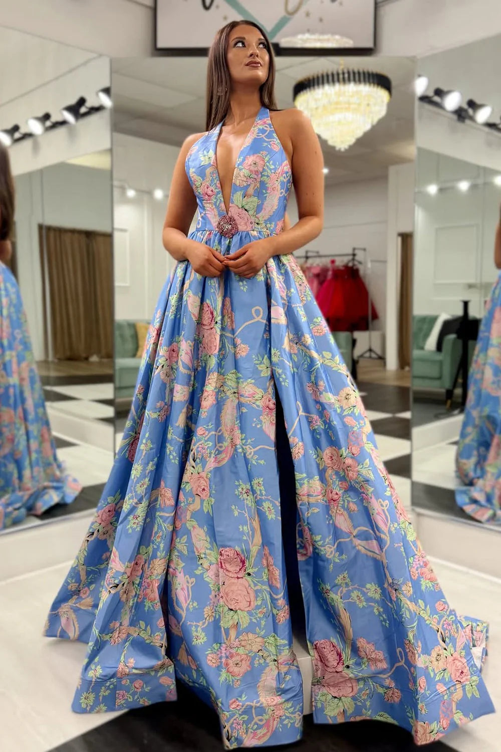 Charming A Line Halter Floral Light Blue Floor-Length Party Dress