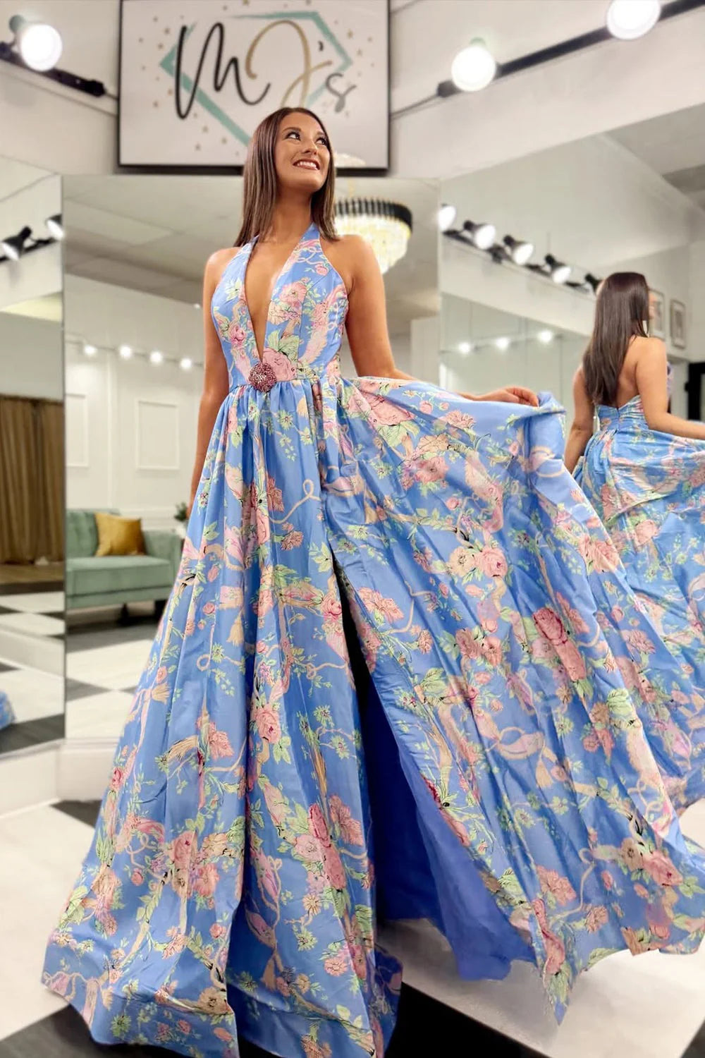 Charming A Line Halter Floral Light Blue Floor-Length Party Dress