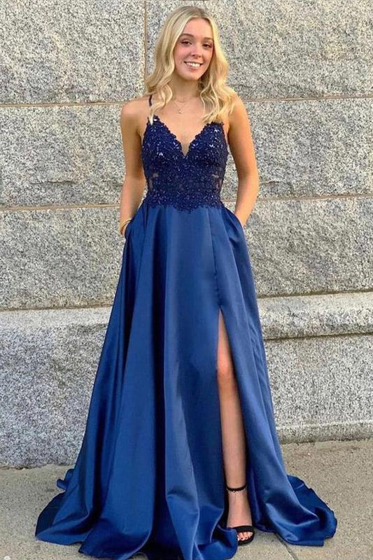 AerbaDress Prom Dresses A Line V Neck Straps Satin Formal Gowns With Slit
