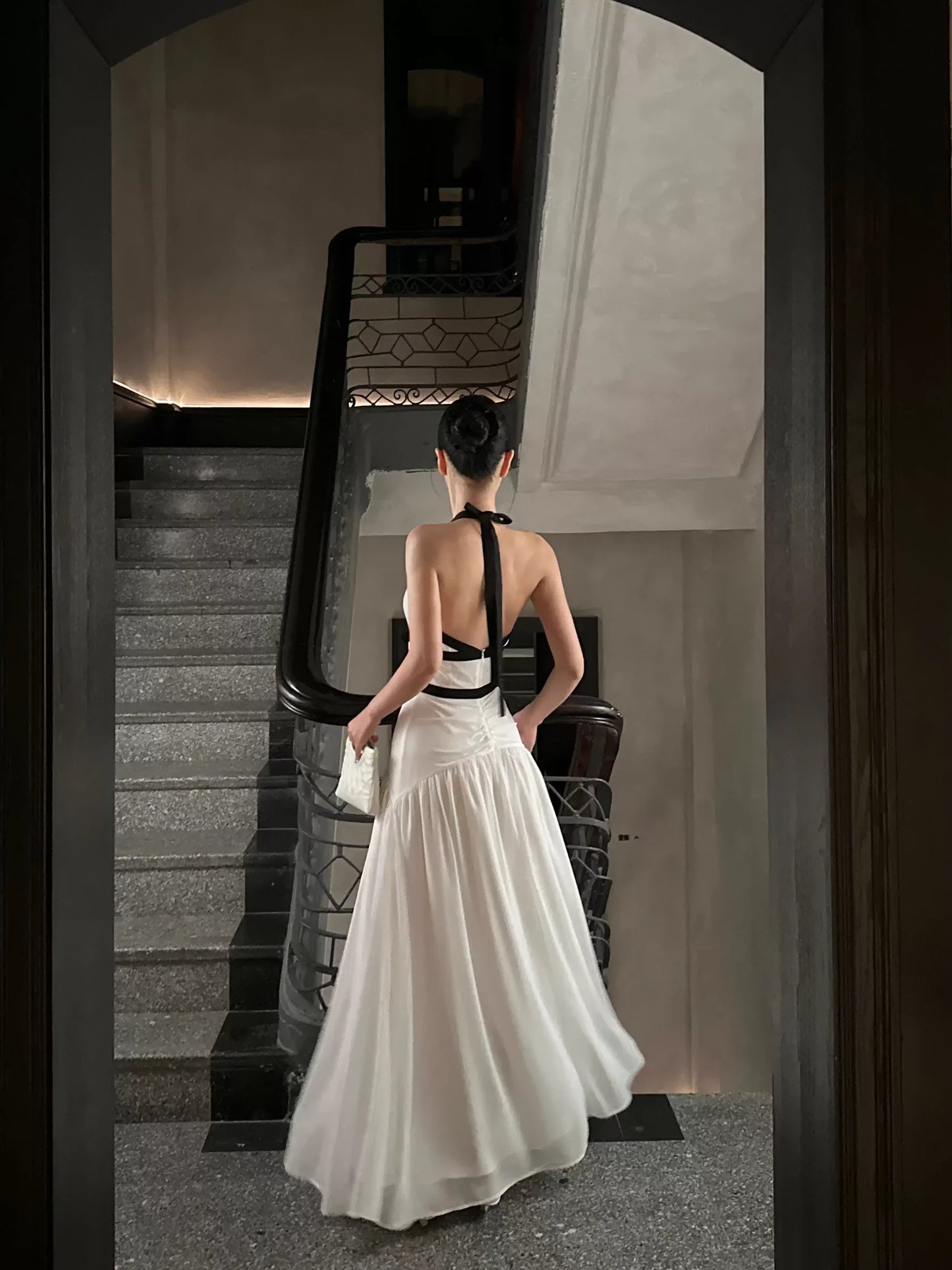 Chic A-Line Halter-Neck Bow-Trim White & Black Chiffon Long Evening Dresses