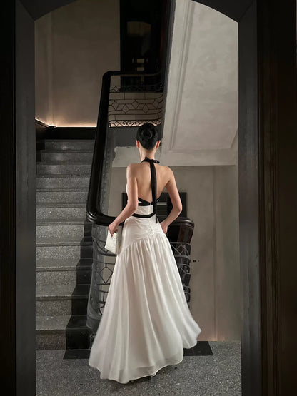 Chic A-Line Halter-Neck Bow-Trim White & Black Chiffon Long Evening Dresses