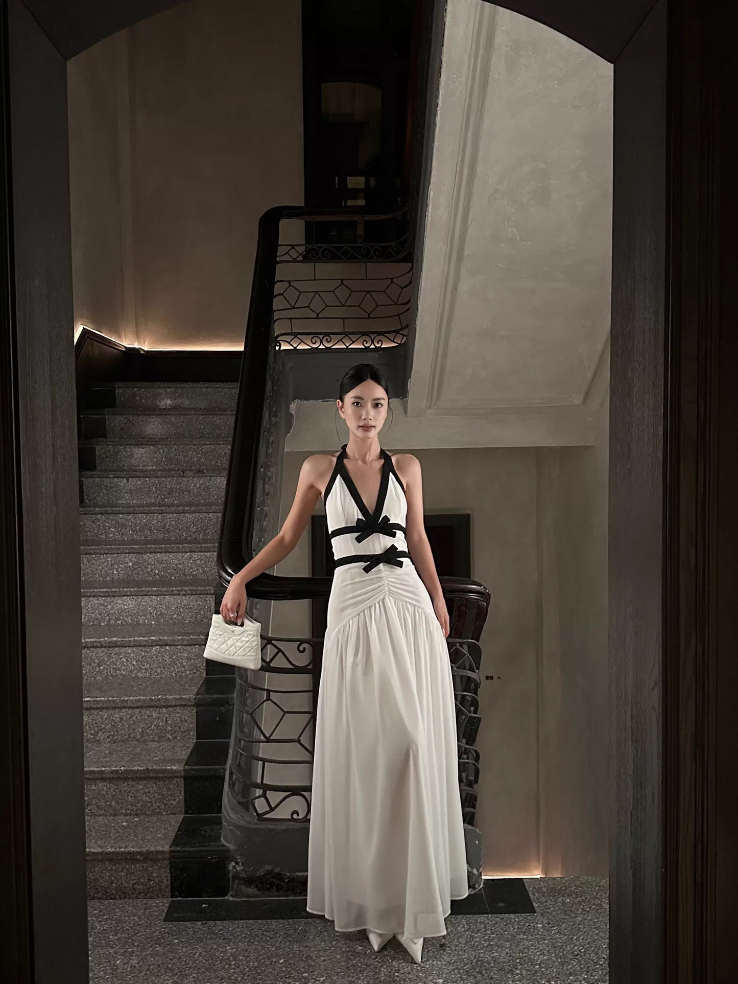 Chic A-Line Halter-Neck Bow-Trim White & Black Chiffon Long Evening Dresses